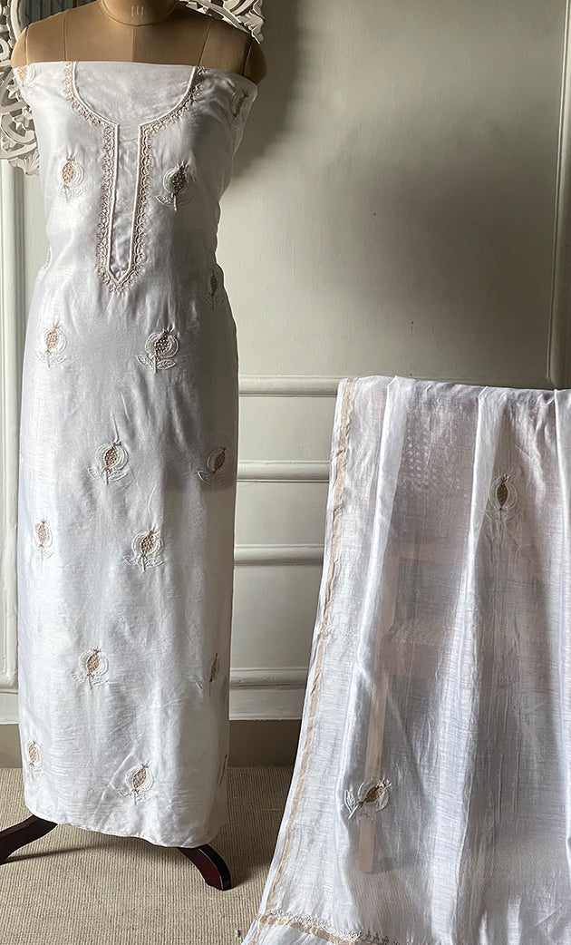 Women's Lakhnavi Handcrafted Chanderi Silk Unstitched Kurta And Dupatta Set - HONC06321967