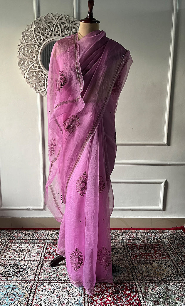 Women's Lucknowi Handcrafted Pure Organza Silk Chikankari Saree - HONC0321773