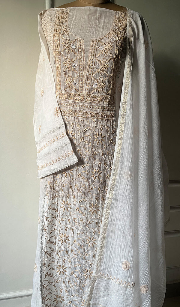 Women's Lakhnavi Handcrafted Mul Chanderi Semi - Stitched Kurta And Dupatta Set - HONC0239880