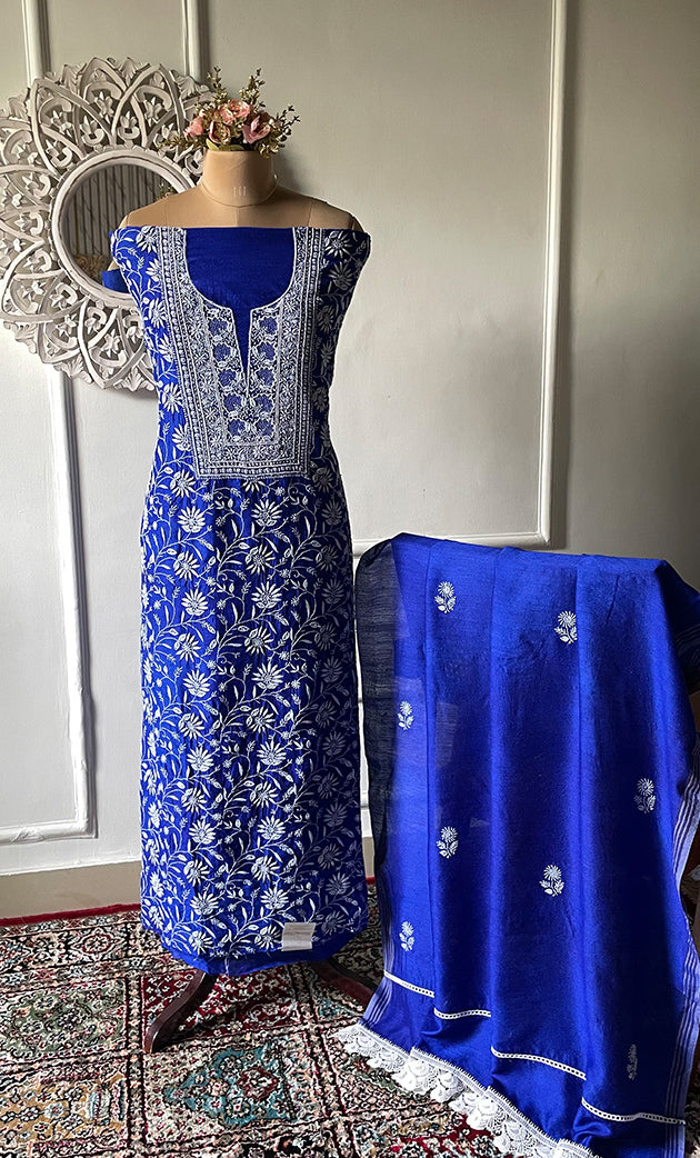 Women's Lakhnavi Handcrafted Tissue Chanderi Unstitched Chikankari Kurta And Dupatta Set - HONC0328099