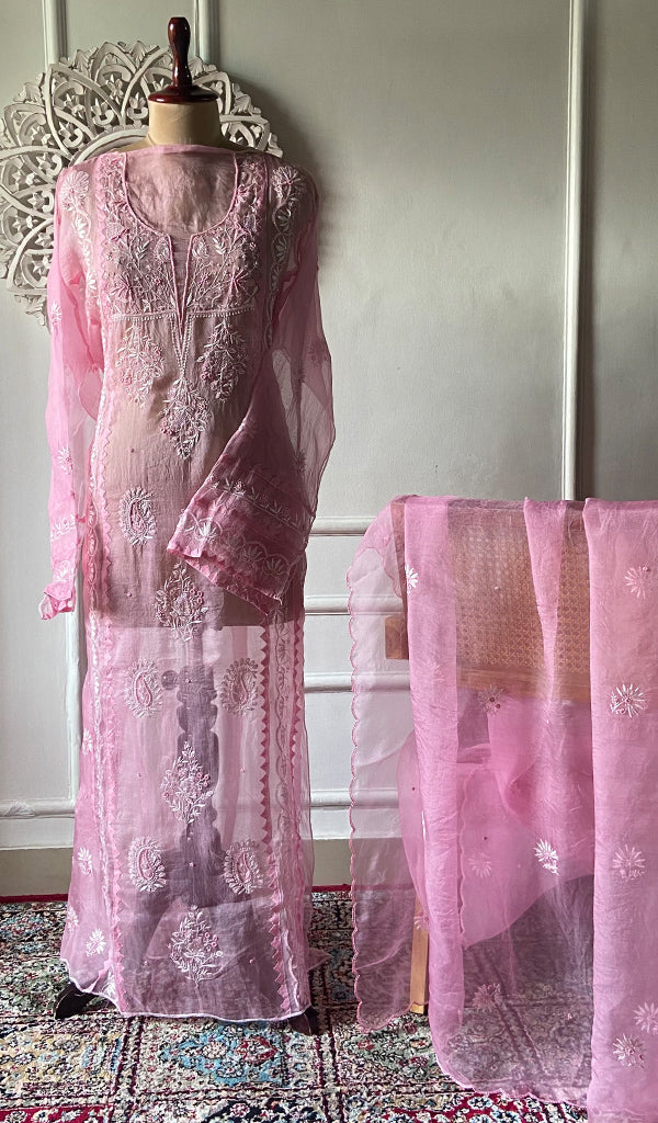 Women's Lakhnavi Handcrafted Pure Organza Chikankari Semi - Stitched Kurta And Dupatta Set- HONC0310095