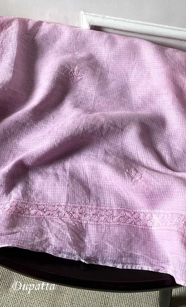 Women's Lakhnavi Handcrafted Kota Cotton Semi - Stitched Kurta And Dupatta Set- HONC0314211