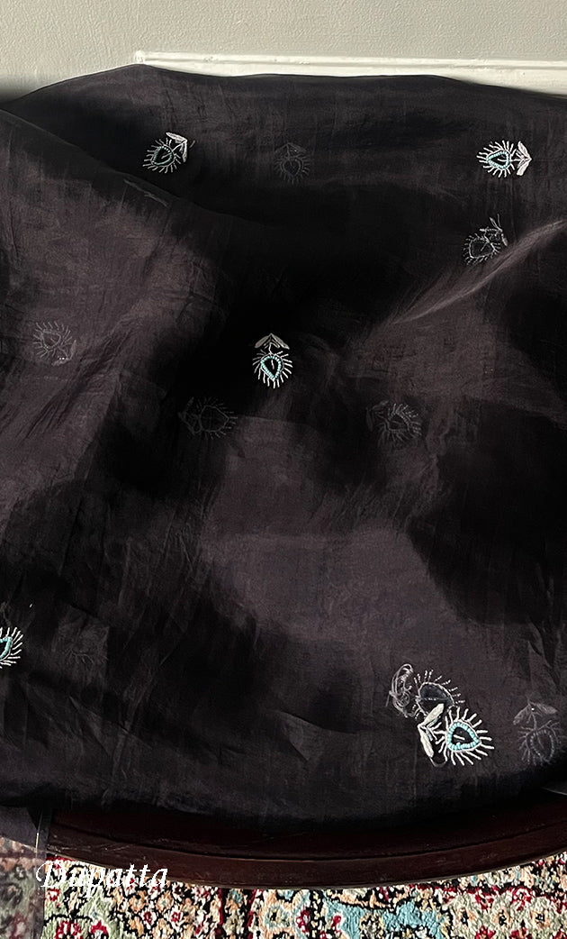 Women's Lakhnavi Handcrafted Pure Organza Chikankari Unstitched Kurta And Dupatta Set- HONC0311244