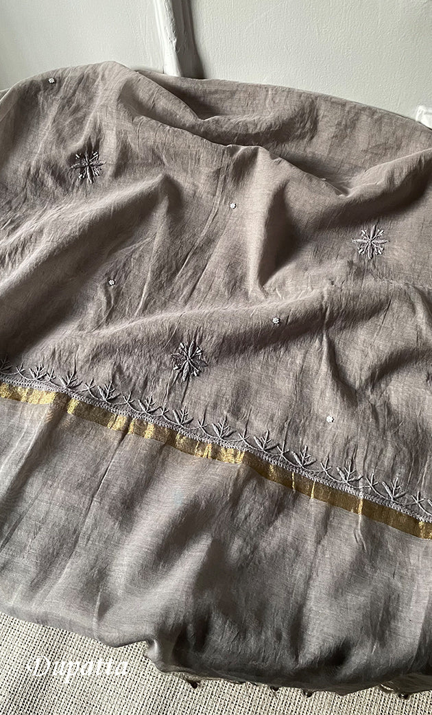 Women's Lakhnavi Handcrafted Mul Chanderi Unstitched Chikankari Full Suit Material - HONC0305483