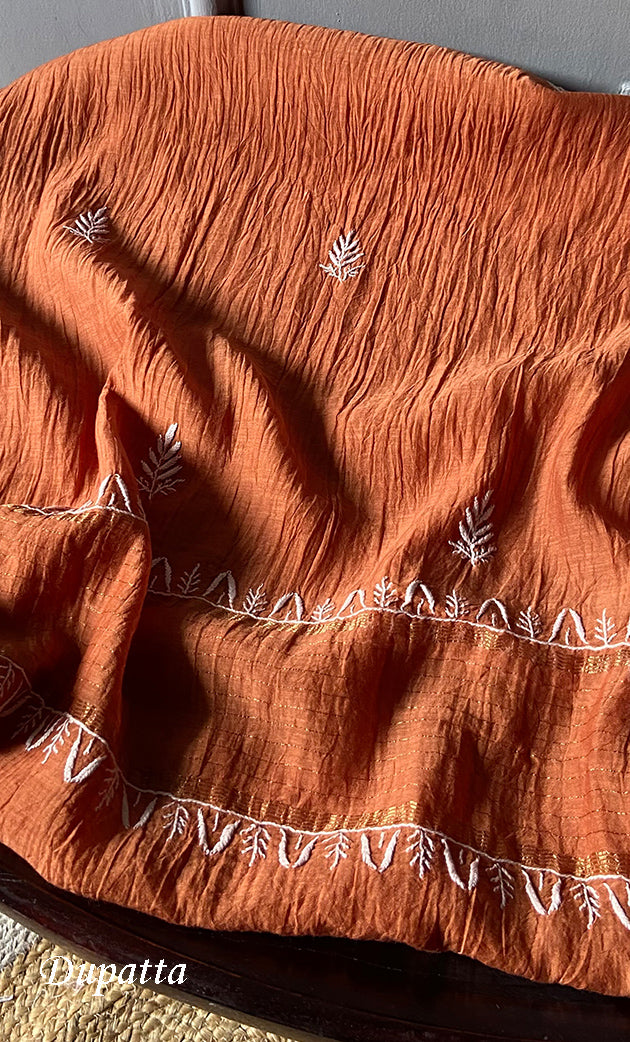 Women's Lakhnavi Handcrafted Mul Chanderi Semi - Stitched Kurta And Dupatta Set - HONC0308702