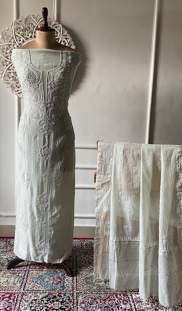 Women's Lakhnavi Handcrafted Mul Chanderi Unstitched Chikankari Full Suit Material - HONC0338251