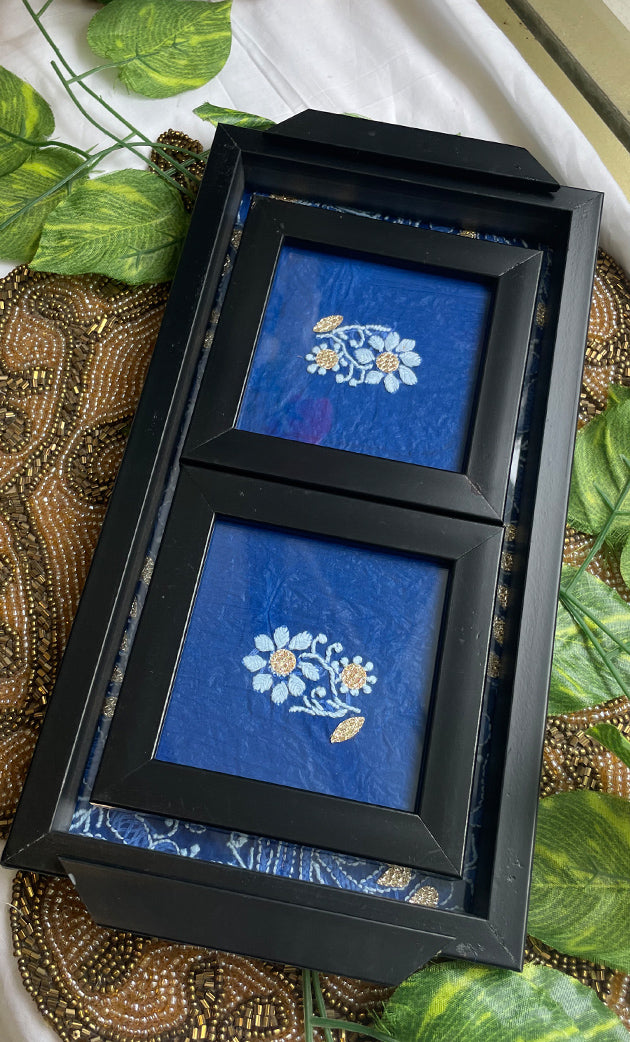 Handcrafted Chikankari Tray with Two Coasters – Wooden Frame - HONC0313523