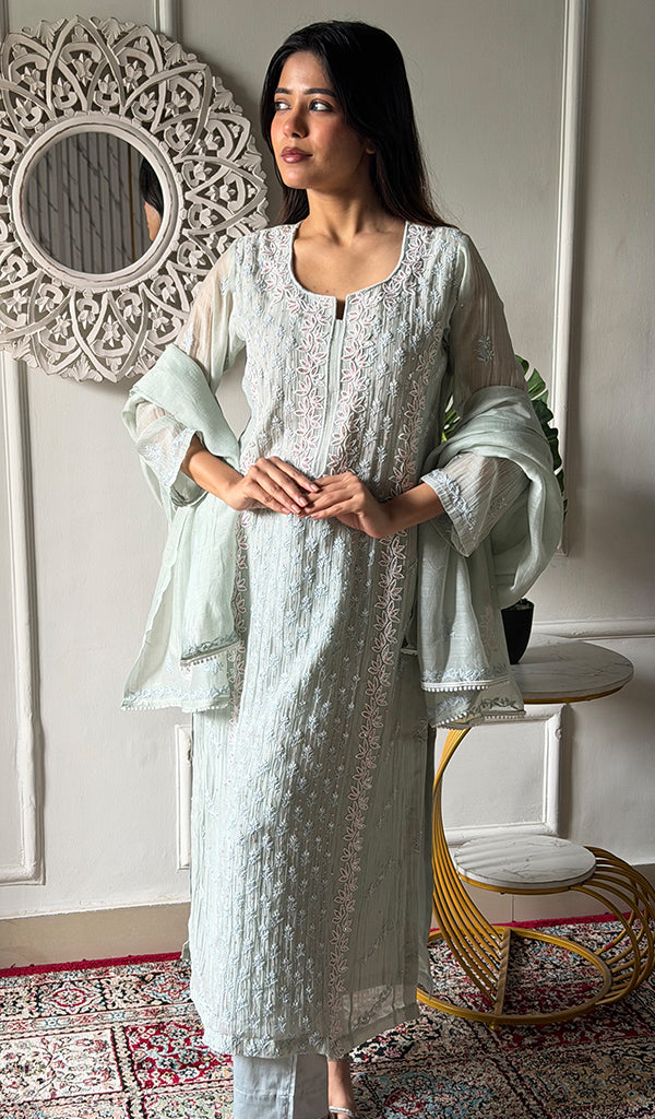 Saziya Women's Lakhnavi Handcrafted Mul Chanderi Chikankari Stitched Kurta, Dupatta And Pant Set - HONC0324263