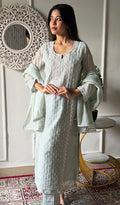 Saziya Women's Lakhnavi Handcrafted Mul Chanderi Chikankari Stitched Kurta, Dupatta And Pant Set - HONC0324263