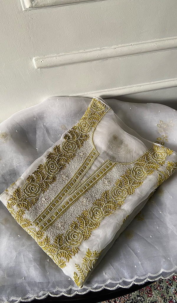 Women's Lakhnavi Handcrafted Pure Organza Chikankari Semi - Stitched  Kurta And Dupatta Set- HONC0341493