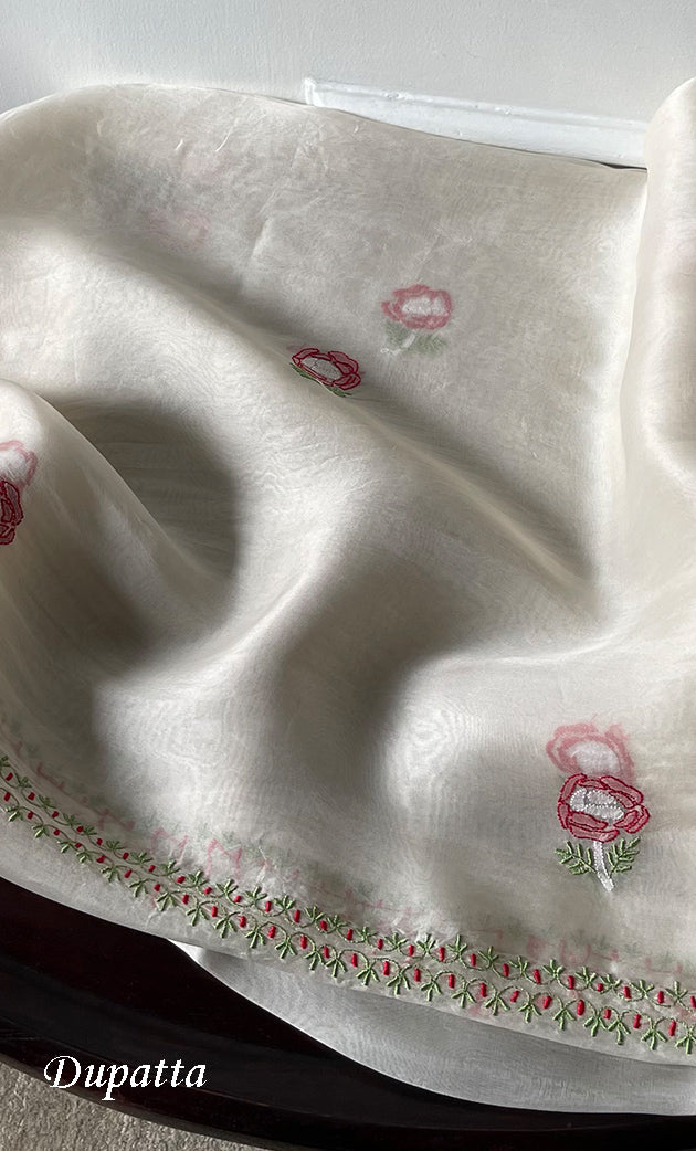 Women's Lakhnavi Handcrafted Pure Organza Chikankari Unstitched Kurta And Dupatta Set- HONC0319583