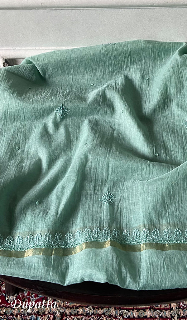 Women's Lakhnavi Handcrafted Mul Chanderi Unstitched Chikankari Full Suit Material - HONC0345050