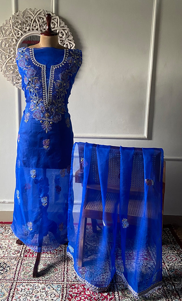 Women's Lakhnavi Handcrafted Pure Organza Chikankari Unstitched Kurta And Dupatta Set- HONC0343160