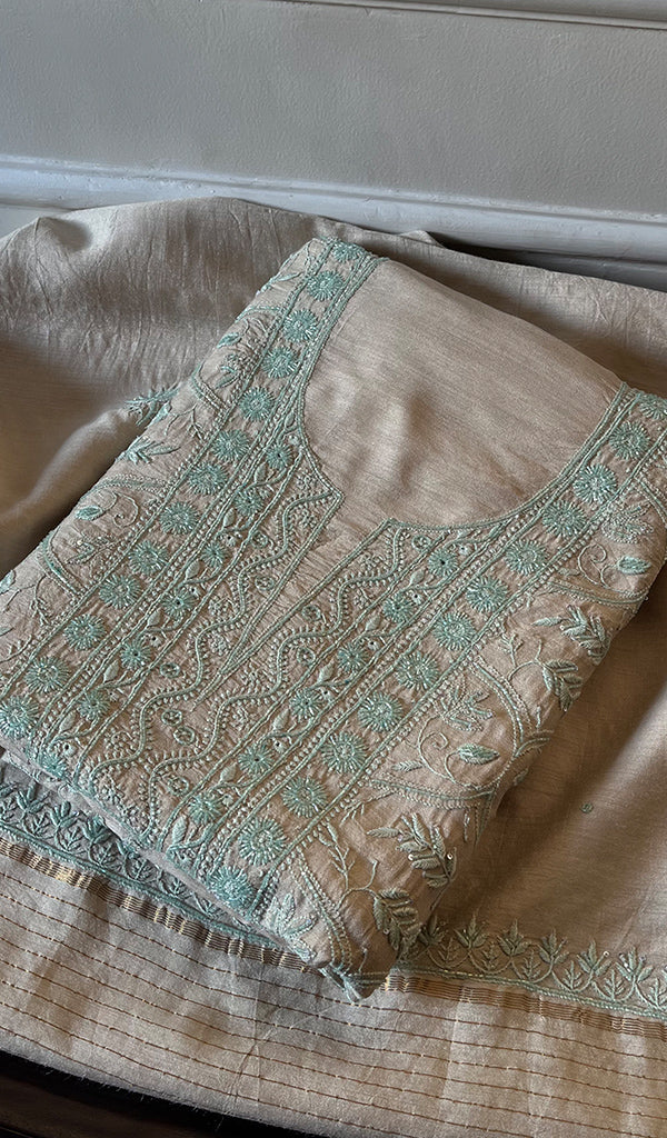 Women's Lakhnavi Handcrafted Unstitched Munga Silk Chikankari Kurta And Dupatta Set- HONC0280936