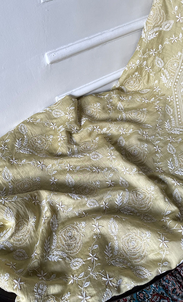 Women's Lakhnavi Handcrafted Munga Silk Chikankari Unstitched Kurti Fabric - HONC0316124