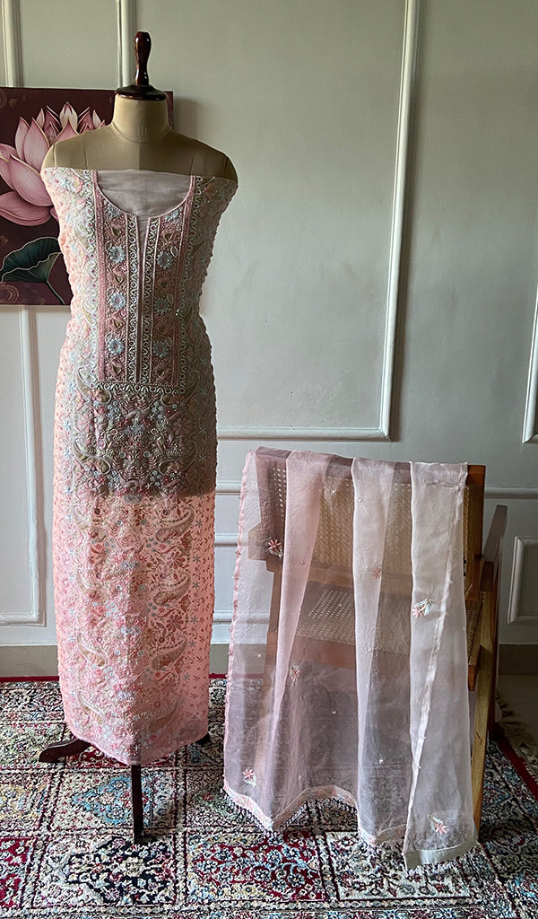 Women's Lakhnavi Handcrafted Pure Organza Chikankari Unstitched Kurta And Dupatta Set- HONC0360919