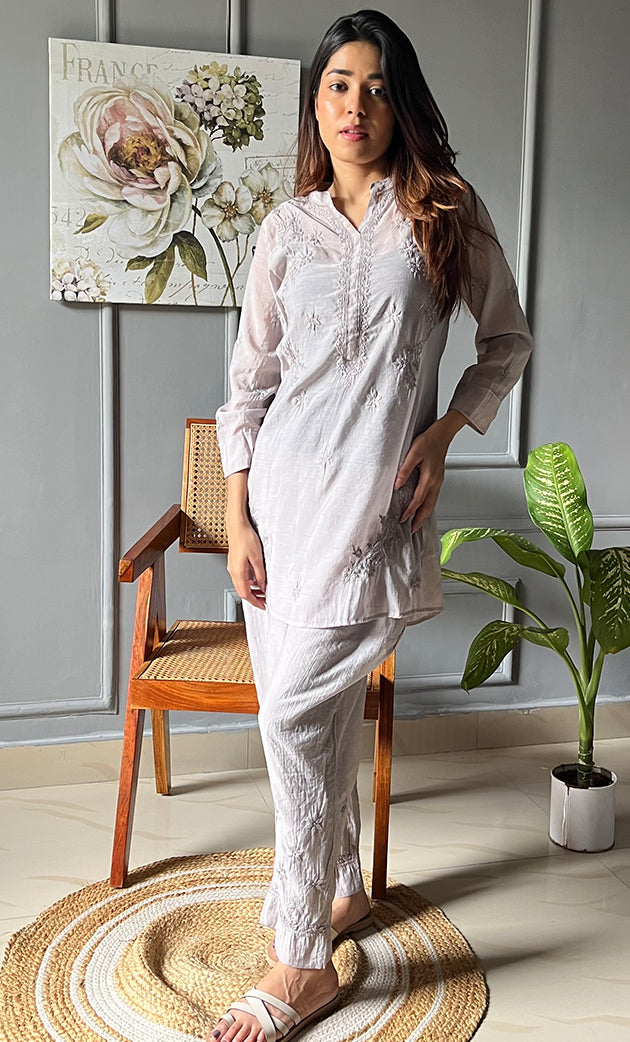 Rashida Women's Lakhnavi Handcrafted Muslin Chikankari Kurta And Pant Set - HONC0300555