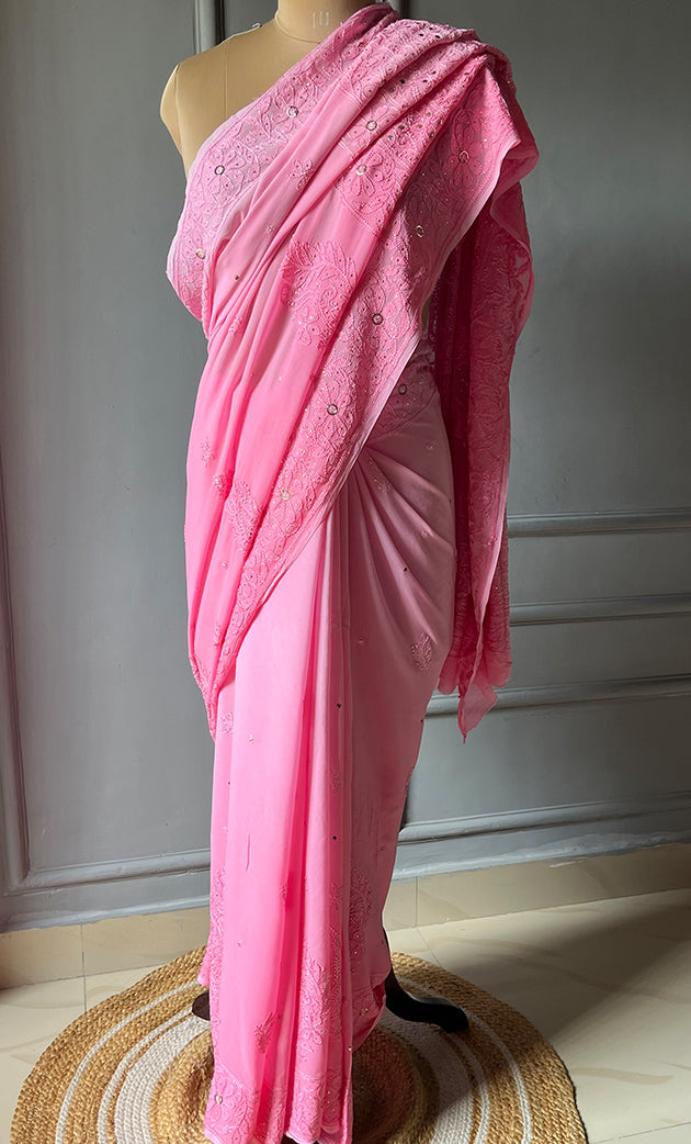 Women's Lakhnavi Handcrafted Viscose Georgette Chikankari Saree - HONC0271072