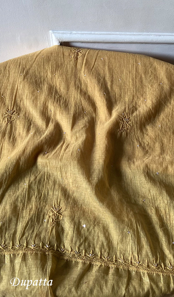 Women's Lakhnavi Handcrafted Mul Chanderi Unstitched Chikankari Full Suit Material - HONC0328108