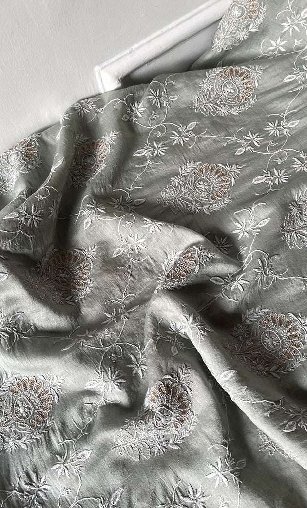 Women's Lakhnavi Handcrafted Munga Silk Chikankari Unstitched Kurti Fabric - HONC0316123