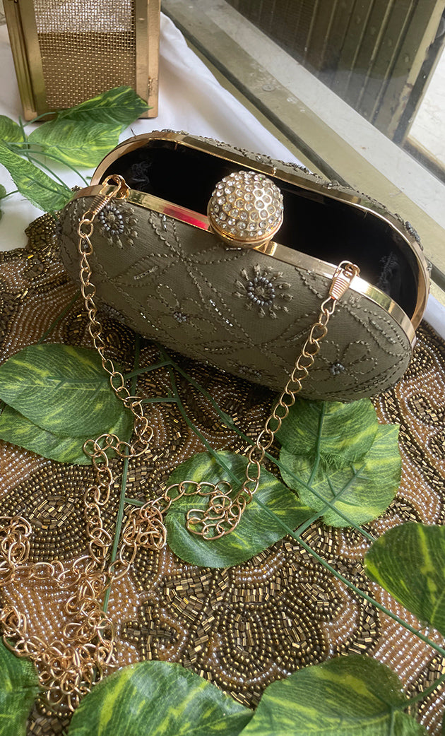 Olive Green Embroidered Clutch with Golden Crystal Clasp - HONC0313597