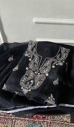 Load image into Gallery viewer, Women's Lakhnavi Handcrafted Pure Organza Chikankari Unstitched Kurta Dupatta Set .
