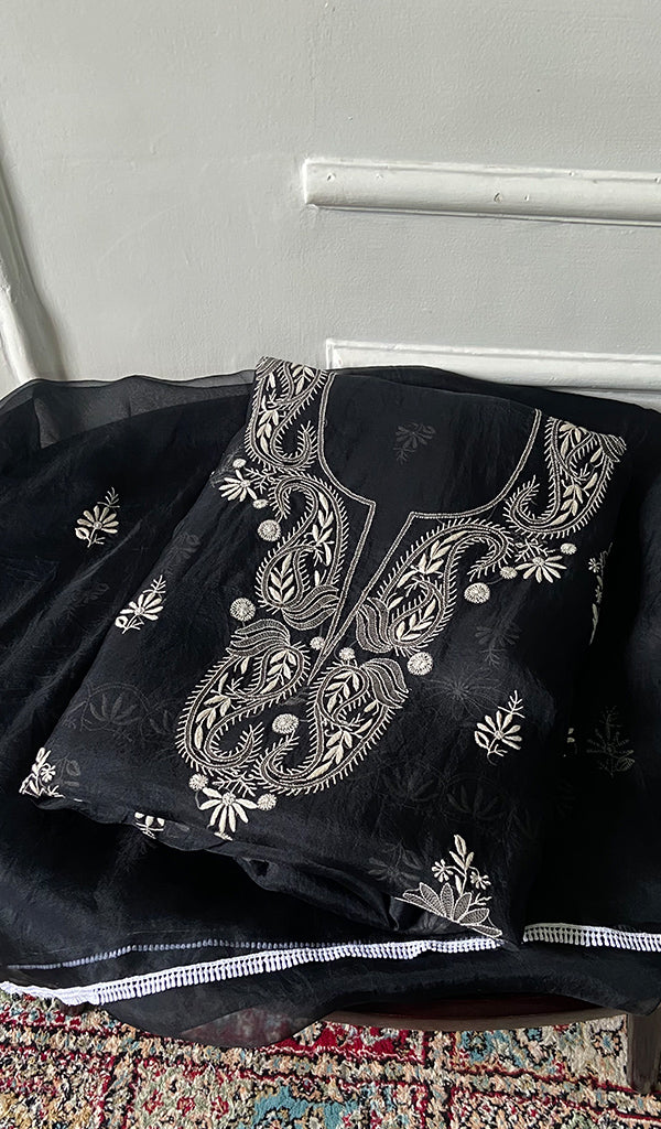 Women's Lakhnavi Handcrafted Pure Organza Chikankari Unstitched Kurta Dupatta Set .