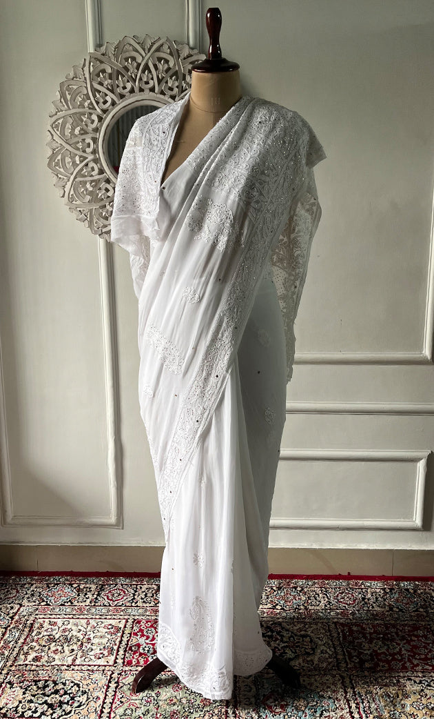 Women's Lakhnavi Handcrafted Viscose Georgette Chikankari Saree - HONC0271070
