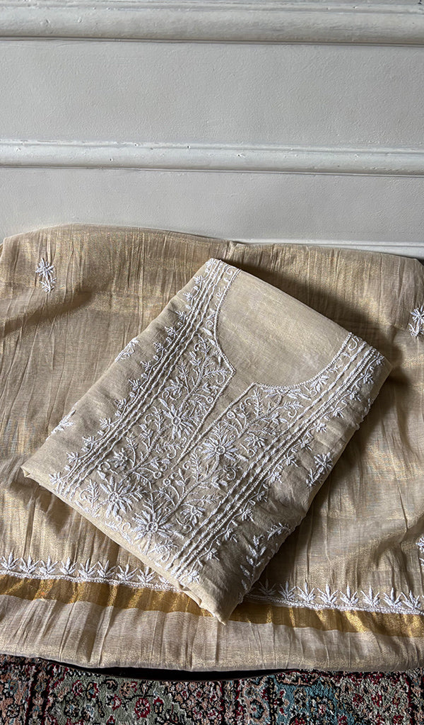Women's Lakhnavi Handcrafted Tissue Chanderi Unstitched Chikankari Kurta And Dupatta Set - HONC0347706