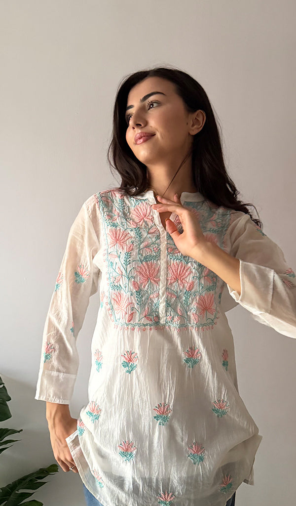 Women's Lakhnavi Handcrafted Mul Chanderi Chikankari Top - HONC0372701