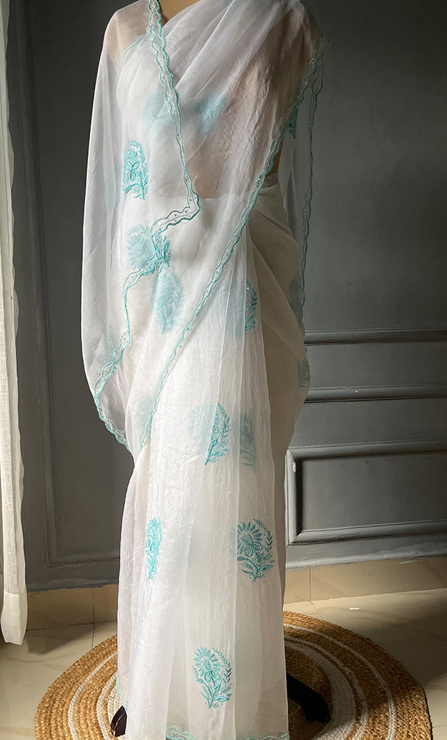 Women's Lucknowi Handcrafted Pure Organza Silk Chikankari Saree - HONC0299230