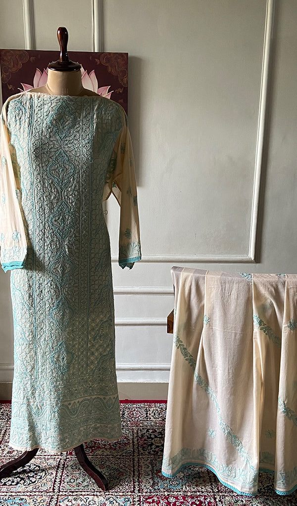 Women's Lakhnavi Handcrafted Cotton Unstitched Chikankari Suit Material - HONC0348839