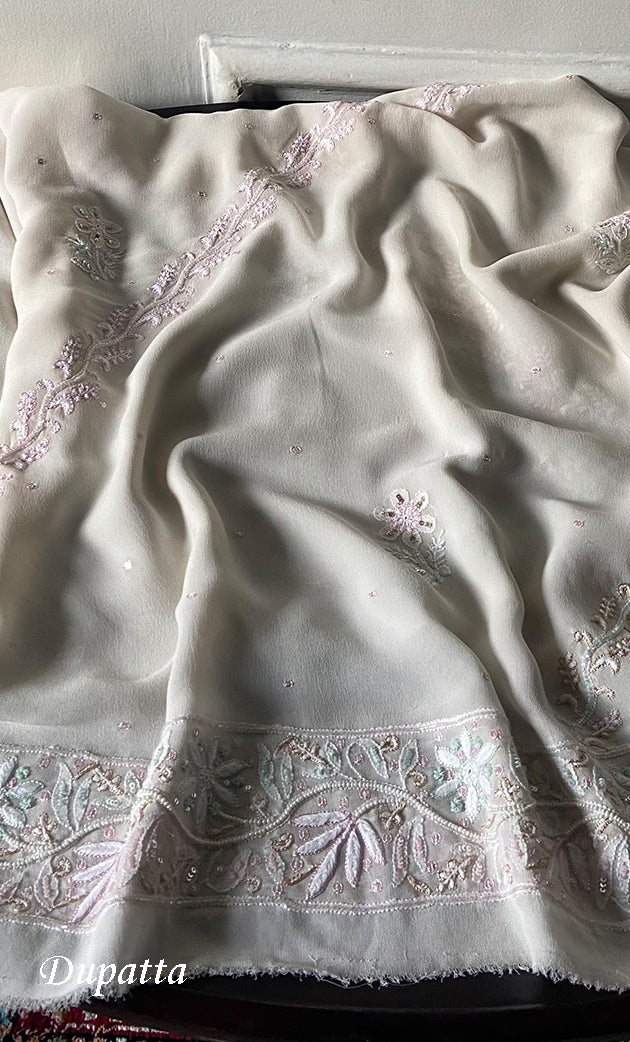 Women's Lakhnavi Handcrafted Pure Silk Georgette Chikankari Semi - stitched Anarkali And Dupatta Set- HONC0193624