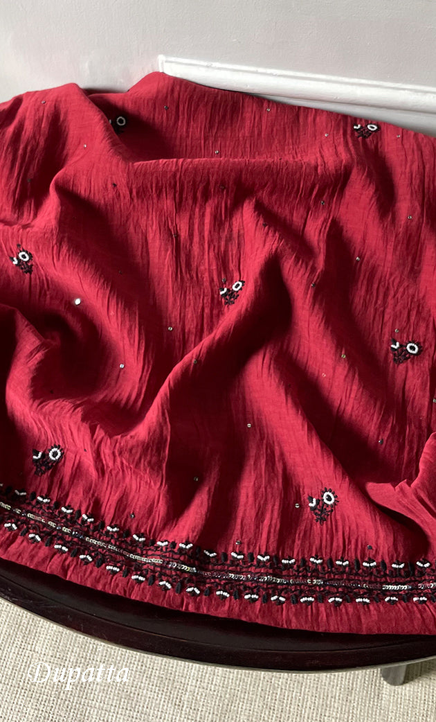 Women's Lakhnavi Handcrafted Unstitched Mul Chanderi Kurta And Dupatta Set - HONC0324074