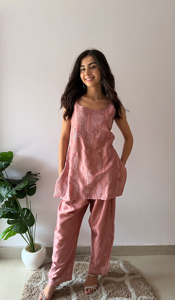 Amreena Women's Lakhnavi Handcrafted Chanderi Silk Chikankari Top And Pant Set - HONC0373449
