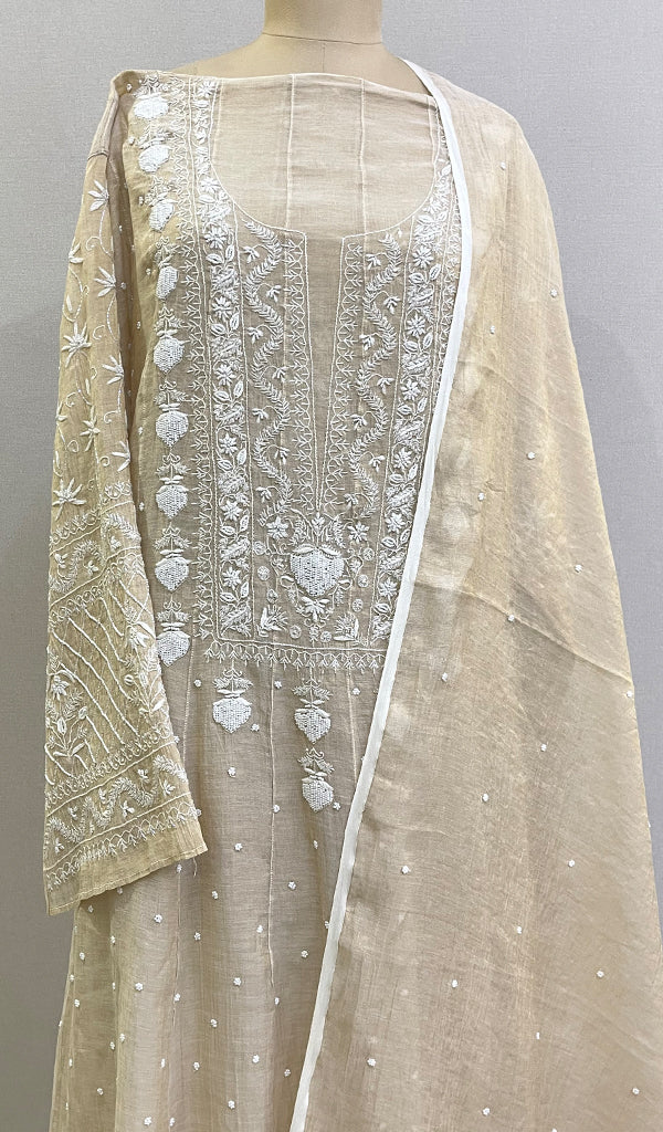 Women's Lakhnavi Handcrafted Tissue Chanderi Semi - Stitched Chikankari Kurta Dupatta Set - HONC0221034