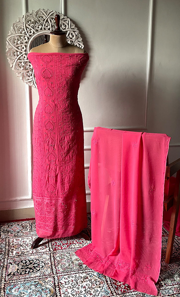 Women's Lakhnavi Handcrafted Viscose Georgette Chikankari Full Suit Material - HONC0299910