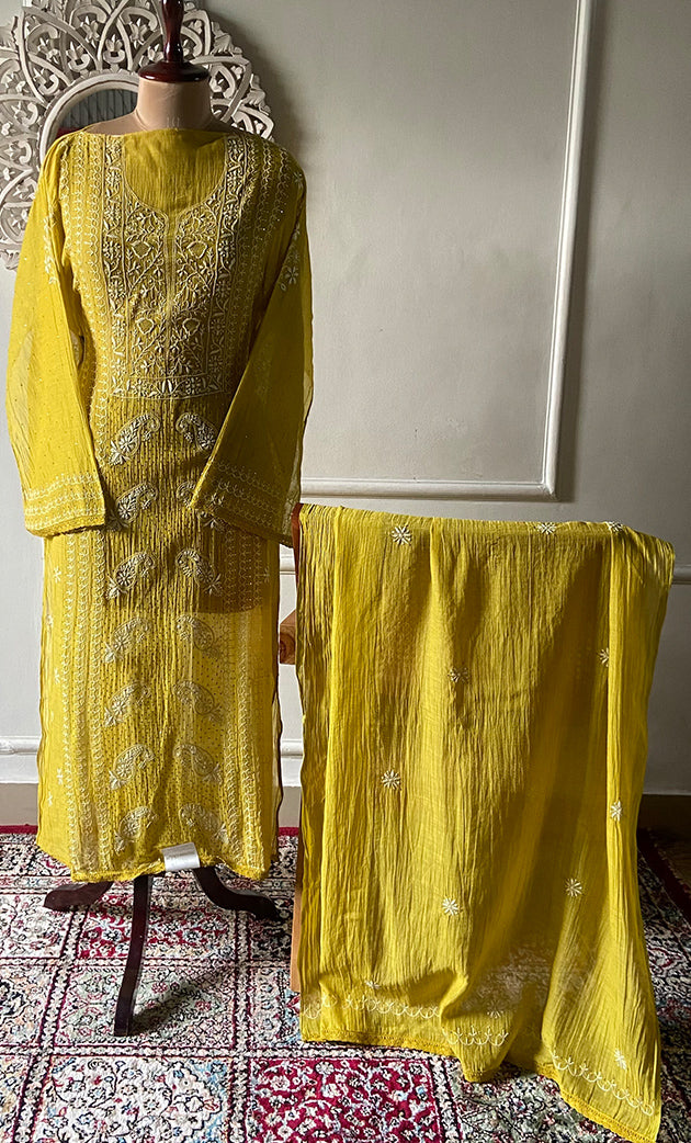 Women's Lakhnavi Handcrafted Mul Chanderi Semi - Stitched Kurta And Dupatta Set - HONC0276226