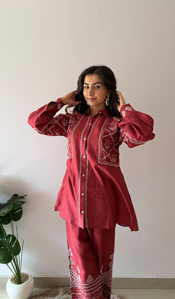 Women's Lakhnavi Handcrafted Chanderi Silk Chikankari Top And Pant Set - HONC0379822