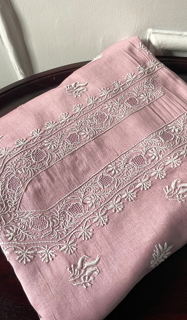 Women's Lucknowi Handcrafted Chanderi Silk Unstitched Chikankari Kurta and Dupatta Set- HONC0288466
