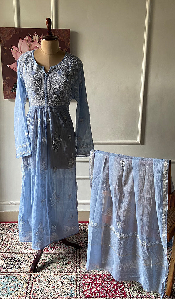 Women's Lakhnavi Handcrafted Mul Chanderi Unstitched Chikankari Full Suit - HONC0317048