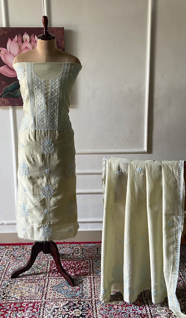 Women's Lakhnavi Handcrafted Chanderi Silk Unstitched Chikankari Full Suit - HONC0350702