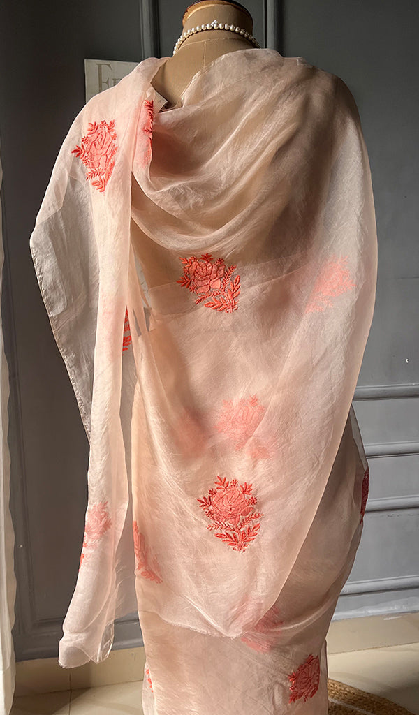 Women's Lucknowi Handcrafted Pure Organza Silk Chikankari Saree - HONC0294652