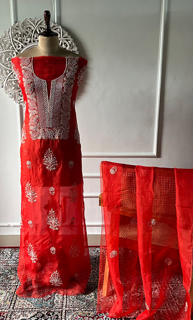 Women's Lakhnavi Handcrafted Pure Organza Chikankari Unstitched Kurta And Dupatta Set- HONC0311701