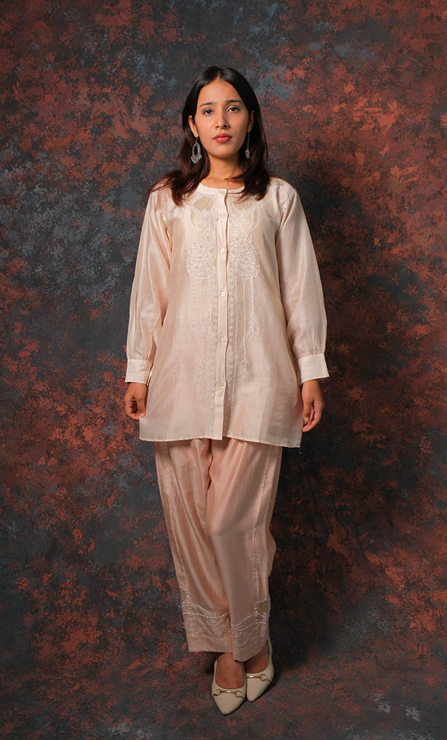 Women's Lakhnavi Handcrafted Chanderi Silk Chikankari Top And Pant Set - HONC0310746