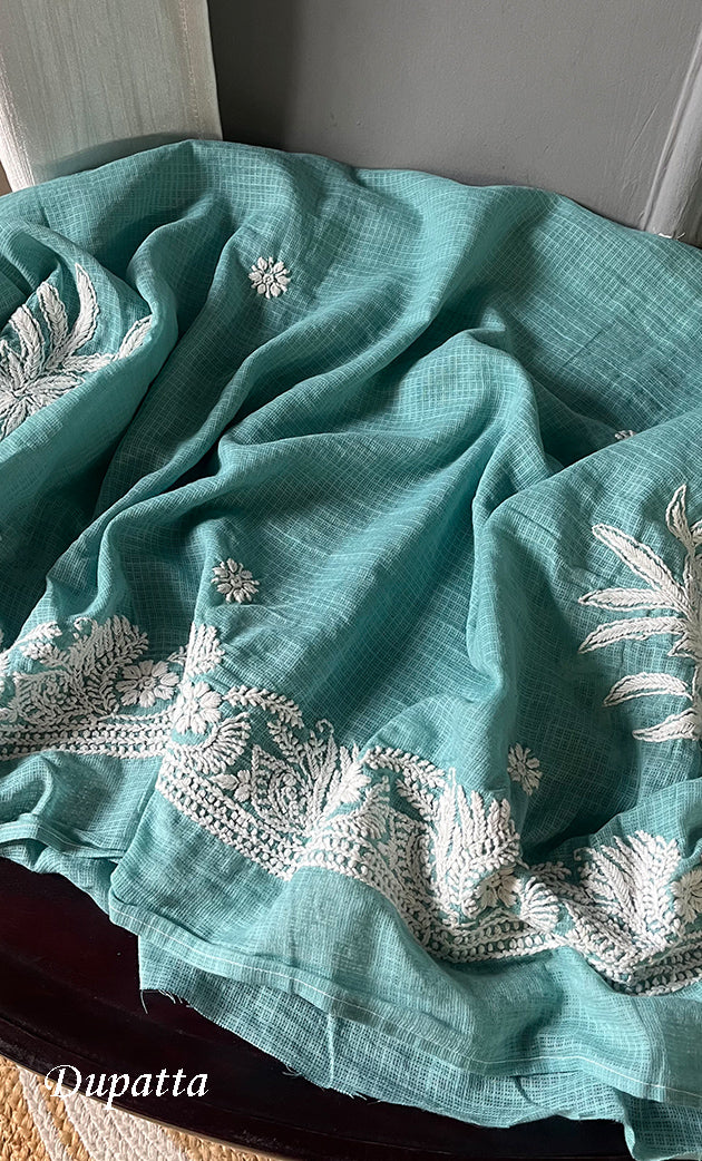 Women's Lucknowi Handcrafted Kota Cotton Chikankari Unstitched Kurta And Dupatta Set - HONC0312641