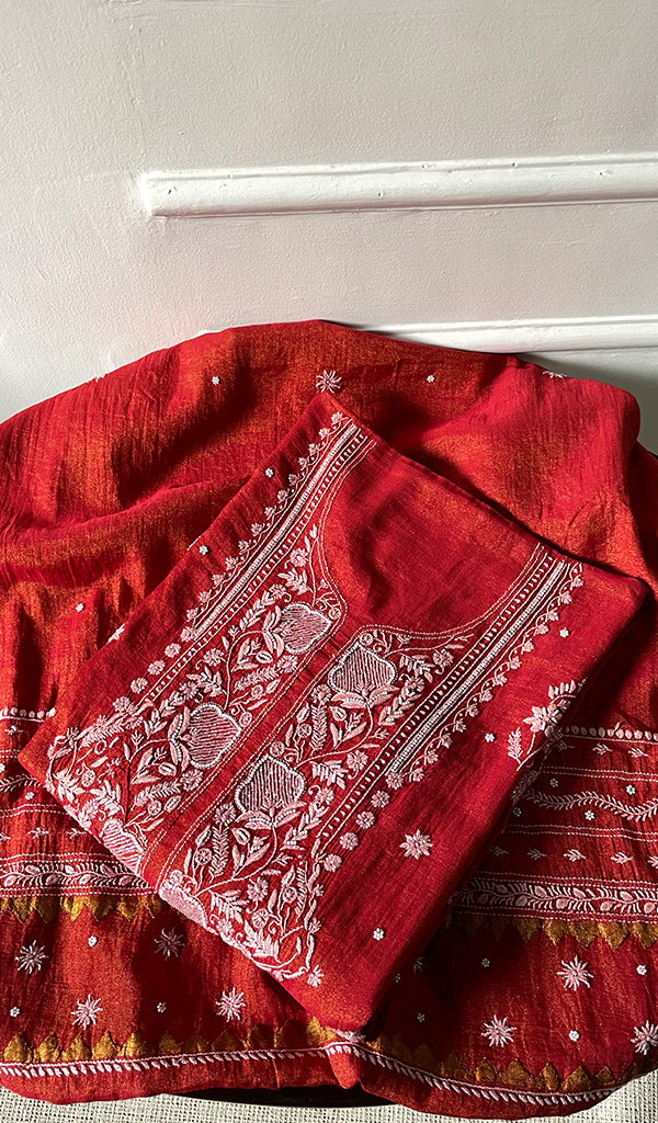 Women's Lakhnavi Handcrafted Tissue Chanderi Unstitched Kurta And Dupatta Set - HONC0299540