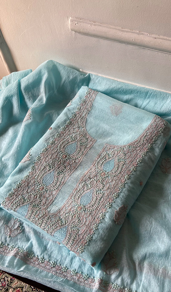 Zoha Women's Lakhnavi Handcrafted Mul Chanderi Unstitched Kurta And Dupatta Set- HONC0365498