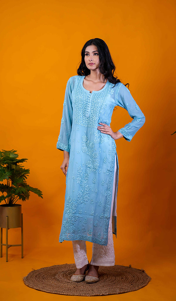 Umnaaz Women's Lakhnavi Handcrafted Viscose Georgette Chikankari Kurti- HONC0200230