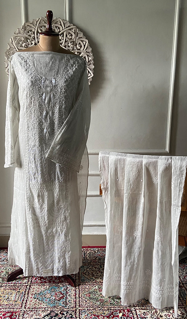 Women's Lakhnavi Handcrafted Tissue Chanderi Unstitched Chikankari Kurta And Dupatta Set - HONC0323645